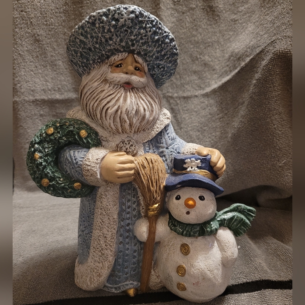 Vintage Old World Holiday Santa and Snowman Figurine - Blue and White